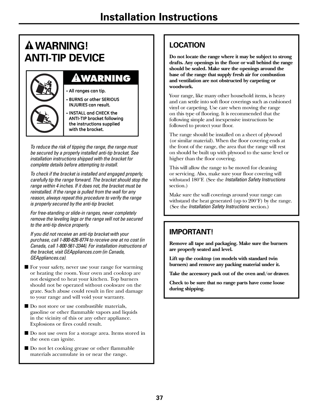 GE JGBP31 installation instructions ANTI-TIP Device, Location 