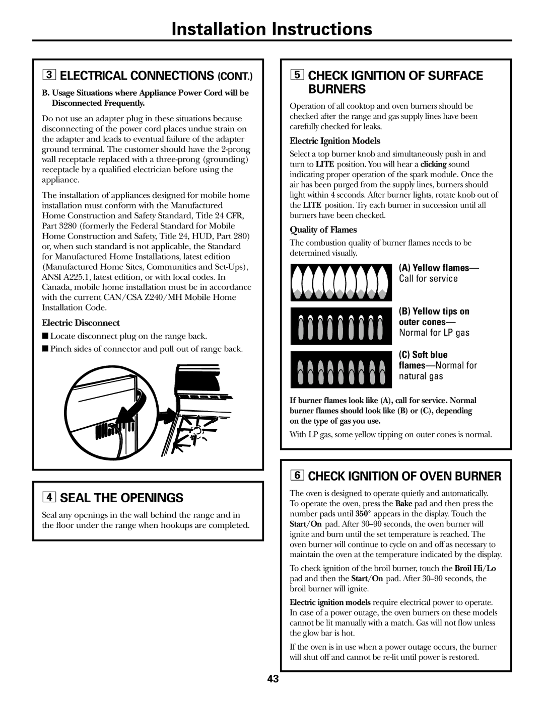 GE JGBP31 installation instructions Check Ignition of Surface Burners, Seal the Openings, Check Ignition of Oven Burner 