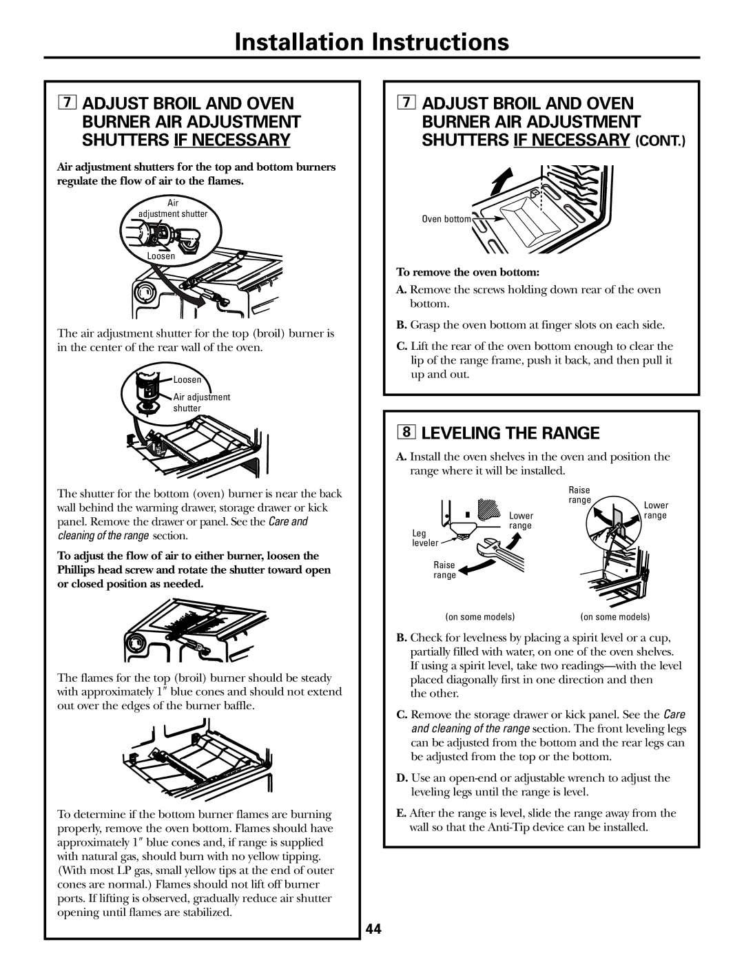 GE JGBP31 installation instructions Leveling the Range, To remove the oven bottom 