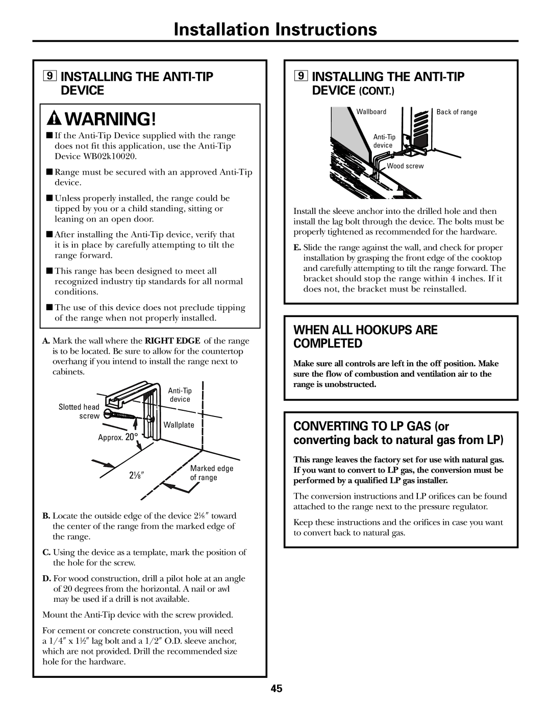 GE JGBP31 installation instructions Installing the ANTI-TIP Device, When ALL Hookups are Completed 