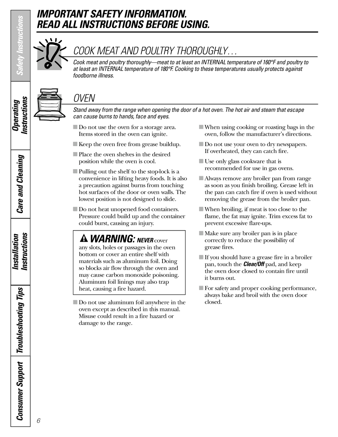 GE JGBP31 installation instructions Cook Meat and Poultry THOROUGHLY…, Care and Cleaning 