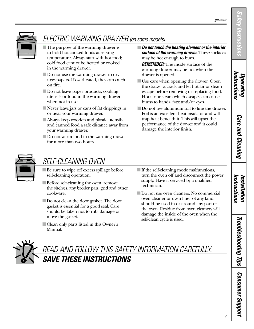 GE JGBP31 installation instructions Troubleshooting, Operating Instructions 