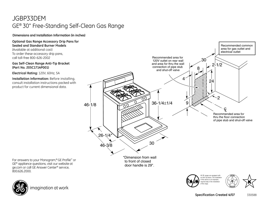 GE JGBP33DEMWW dimensions GE 30 Free-Standing Self-Clean Gas Range, 46-1/8 26-1/4 46-3/8 36-1/4±1/4 