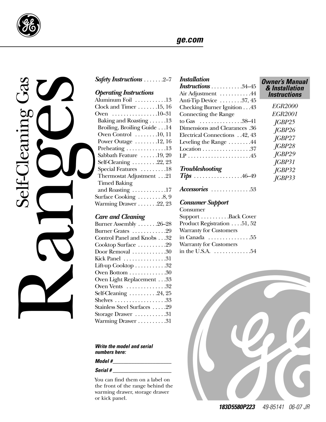 GE JGBP33SEMSS installation instructions Ge.com, Write the model and serial numbers here Model # Serial # 