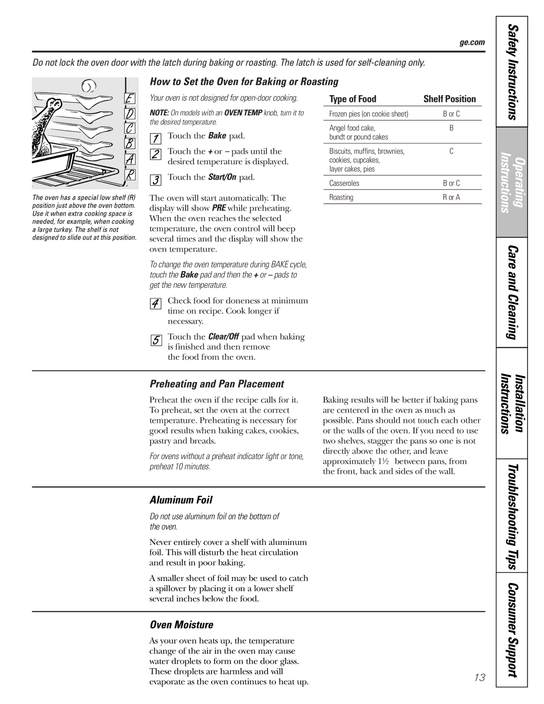 GE JGBP33SEMSS How to Set the Oven for Baking or Roasting, Preheating and Pan Placement, Aluminum Foil, Oven Moisture 