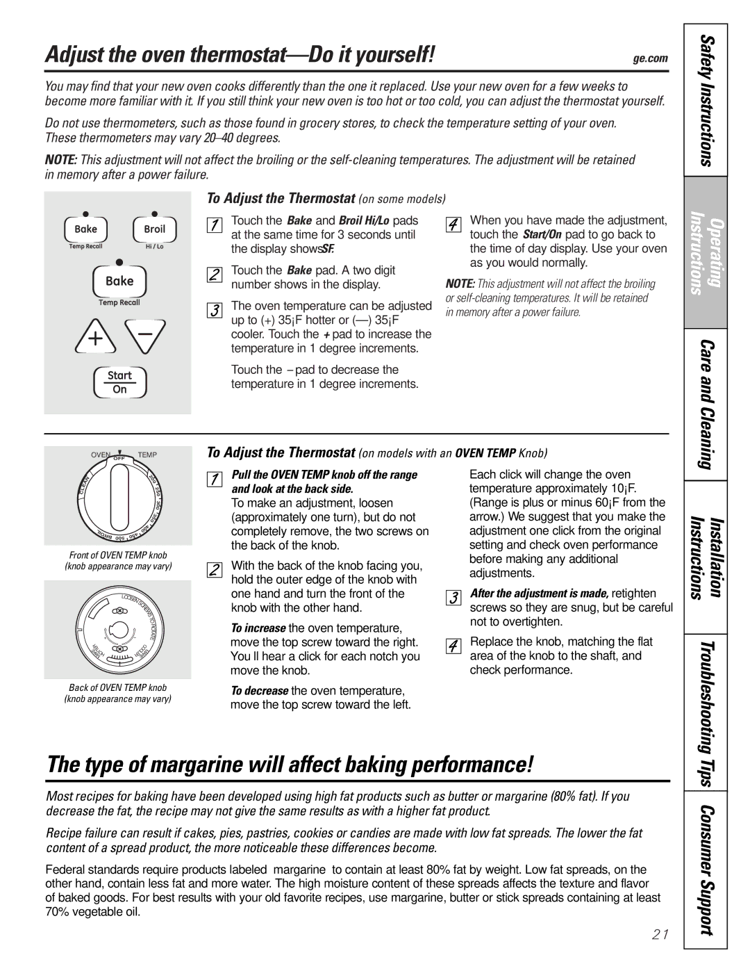 GE JGBP33SEMSS Adjust the oven thermostat-Do it yourself, Type of margarine will affect baking performance 