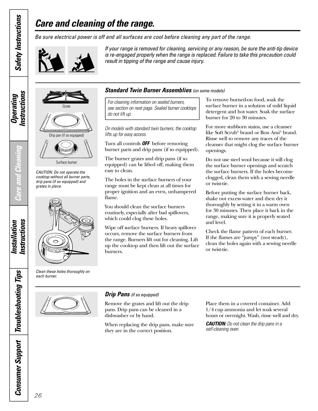 GE JGBP33SEMSS installation instructions Care and cleaning of the range, Standard Twin Burner Assemblies on some models 