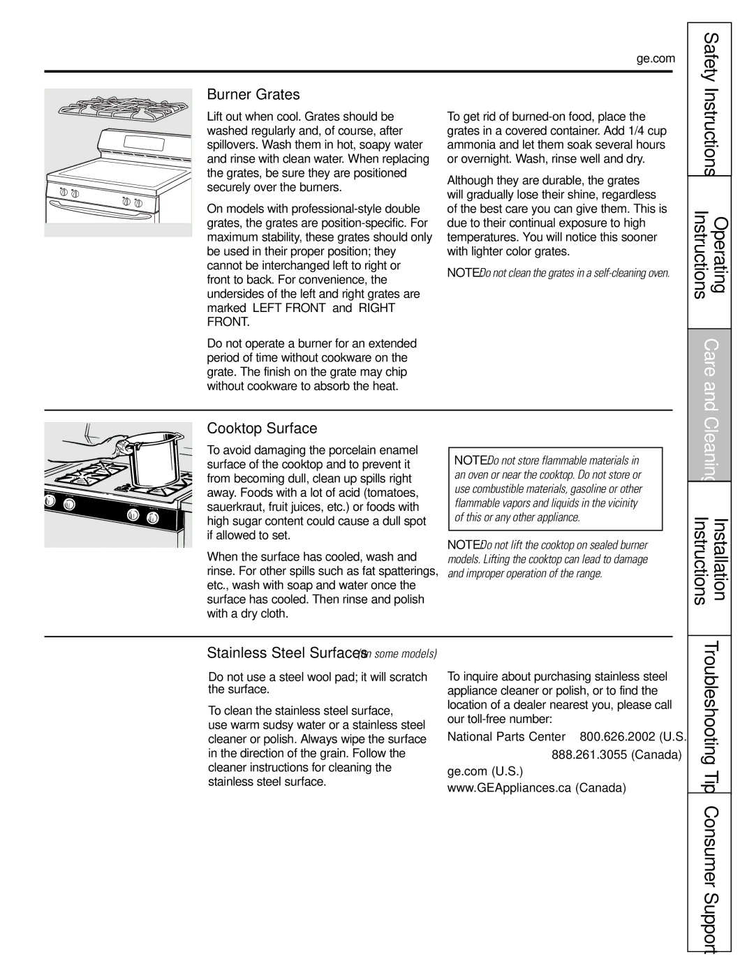 GE JGBP33SEMSS installation instructions Burner Grates, Cooktop Surface, Stainless Steel Surfaces on some models 