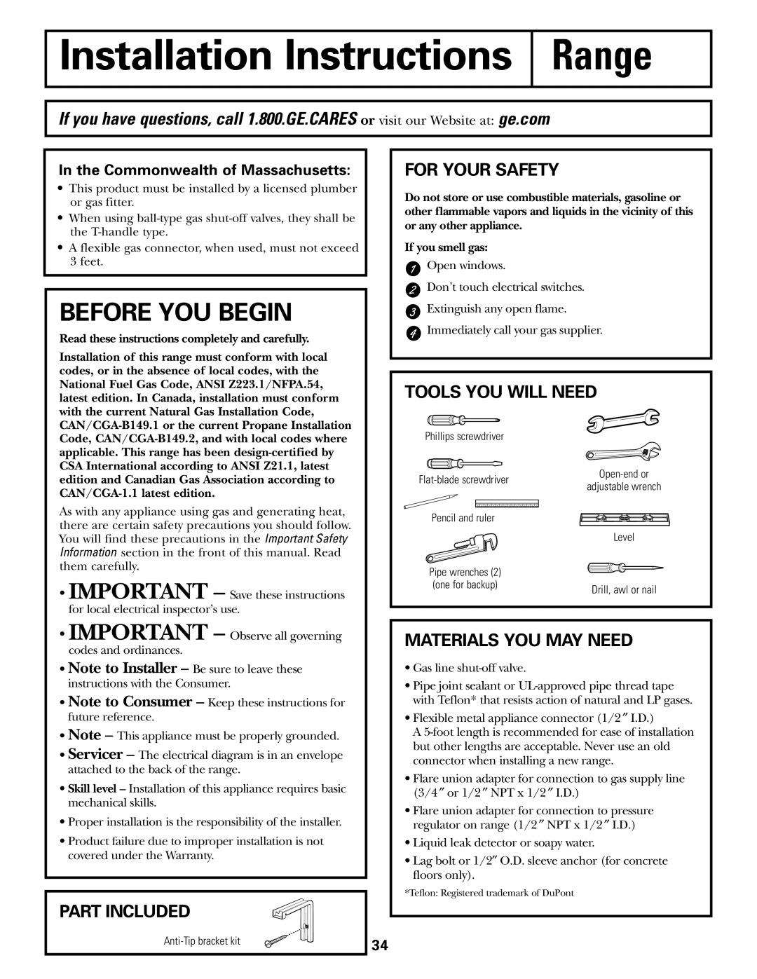 GE JGBP33SEMSS installation instructions Part Included, For Your Safety, Tools YOU will Need, Materials YOU MAY Need 