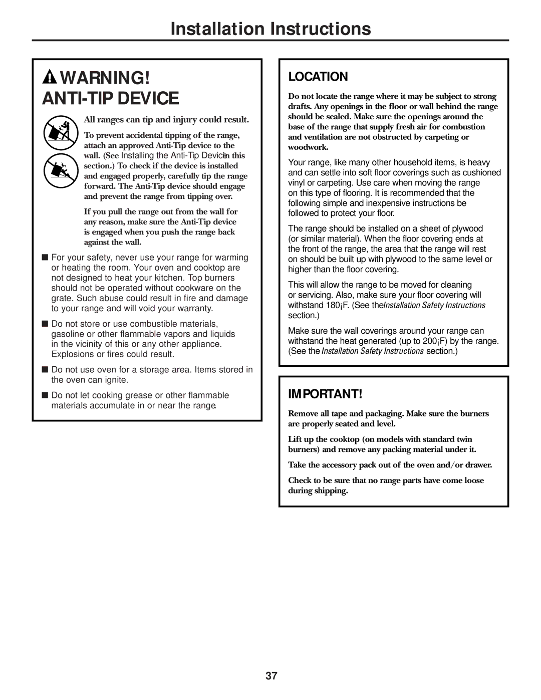 GE JGBP33SEMSS installation instructions ANTI-TIP Device, Location 