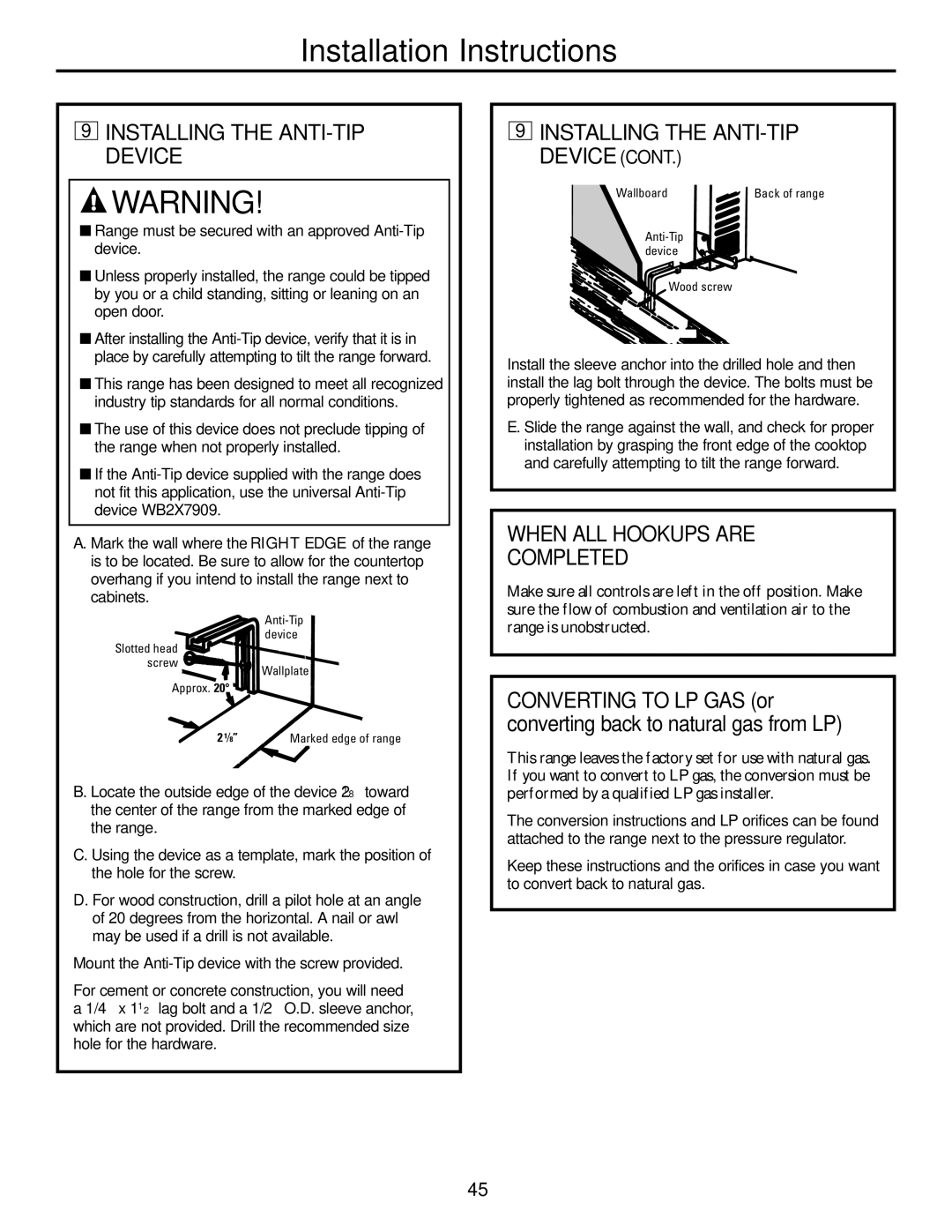 GE JGBP33SEMSS installation instructions Installing the ANTI-TIP Device, When ALL Hookups are Completed 