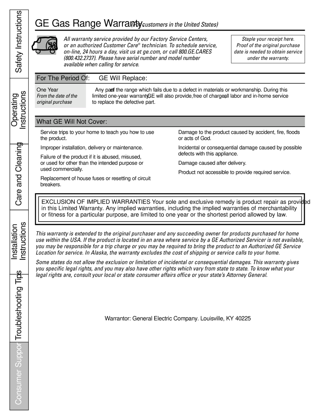 GE JGBP33SEMSS installation instructions GE Will Replace, What GE Will Not Cover, One Year 