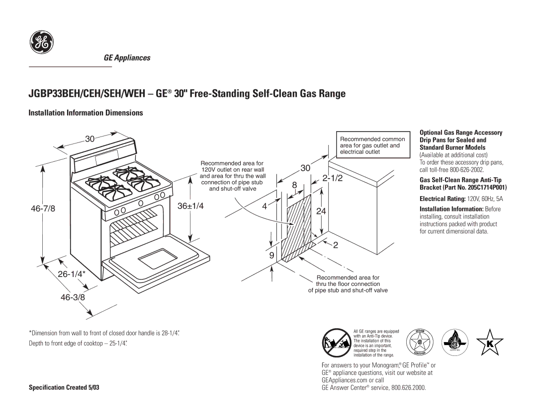 GE JGBP33SEH dimensions 46-7/8 26-1/4 46-3/8, 36±1/44, Electrical Rating 120V, 60Hz, 5A, Specification Created 5/03 