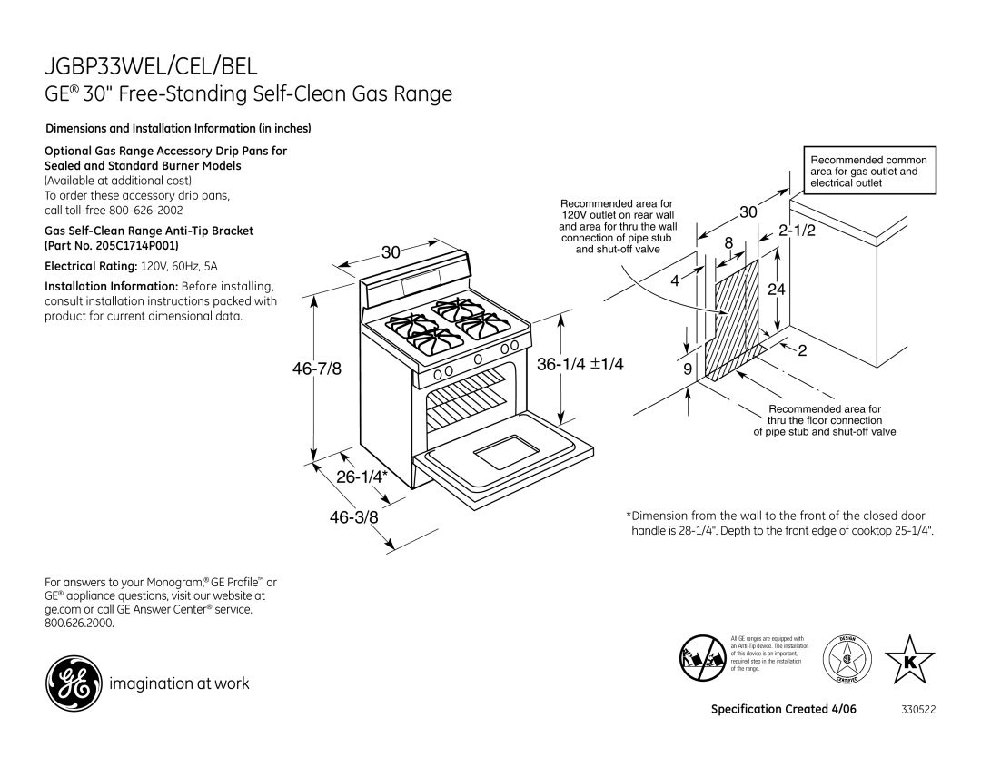 GE JGBP33CEL, JGBP33BEL dimensions JGBP33WEL/CEL/BEL, GE 30 Free-Standing Self-Clean Gas Range, 46-7/8 26-1/4, 46-3/8 