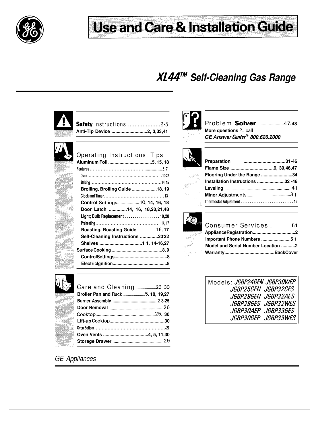 GE JGBP29GES installation instructions Operating Instructions, Tips, Consumer Services, Models JGBP24GEI JGBP30WEP 