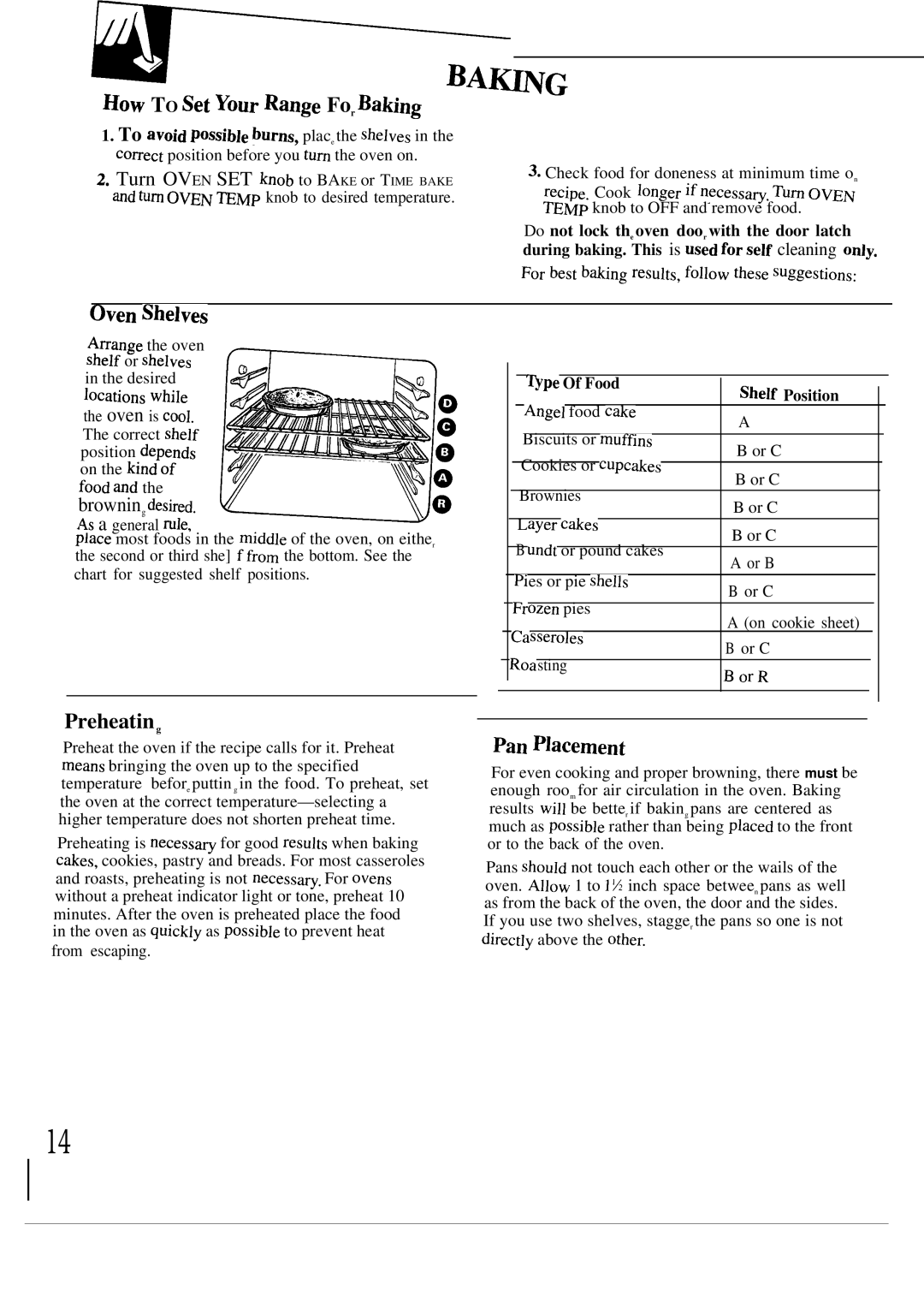 GE JGBP33GES, JGBP33WES, JGBP29GES, JGBP25GEN Ba~G, HOW to Set Your Range For Baking, Preheatin g, Pe Of Food Shelf Position 