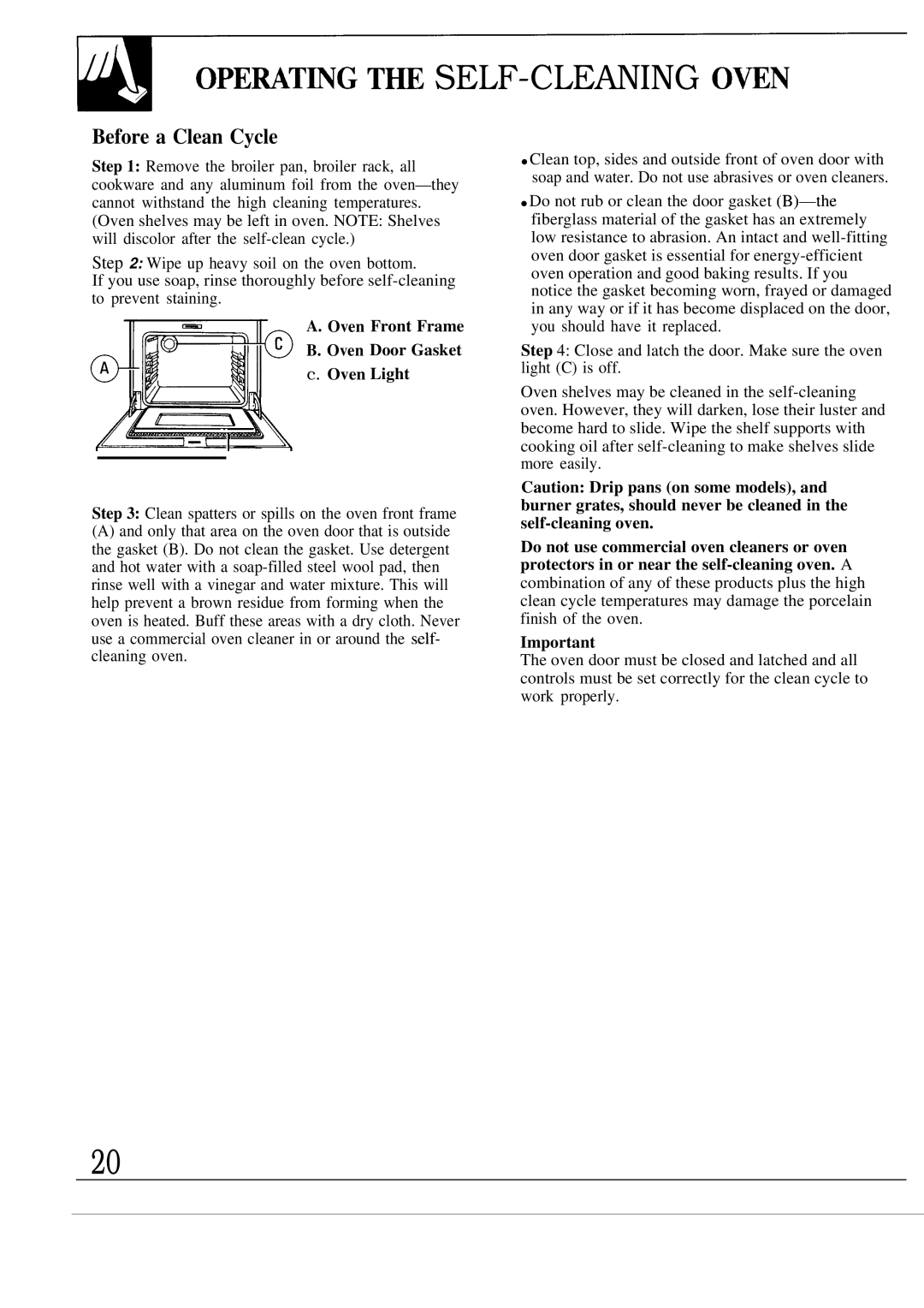 GE JGBP33WES, JGBP29GES Opemt~G T~ Self-Cleaning Own, Before a Clean Cycle, Oven Front Frame Oven Door Gasket Oven Light 