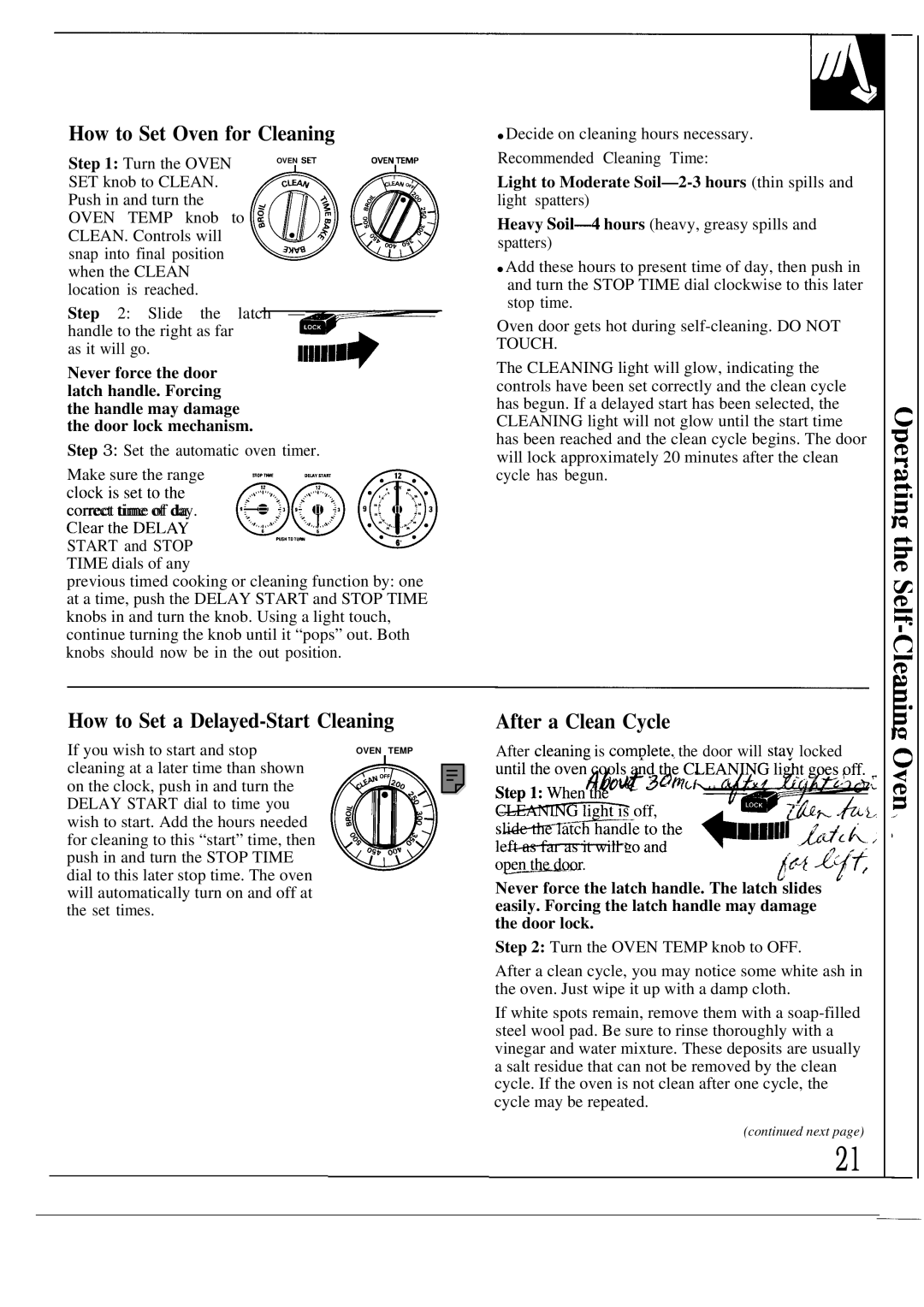 GE JGBP29GES How to Set Oven for Cleaning, How to Set a Delayed-Start Cleaning, After a Clean Cycle, Start and Stop 