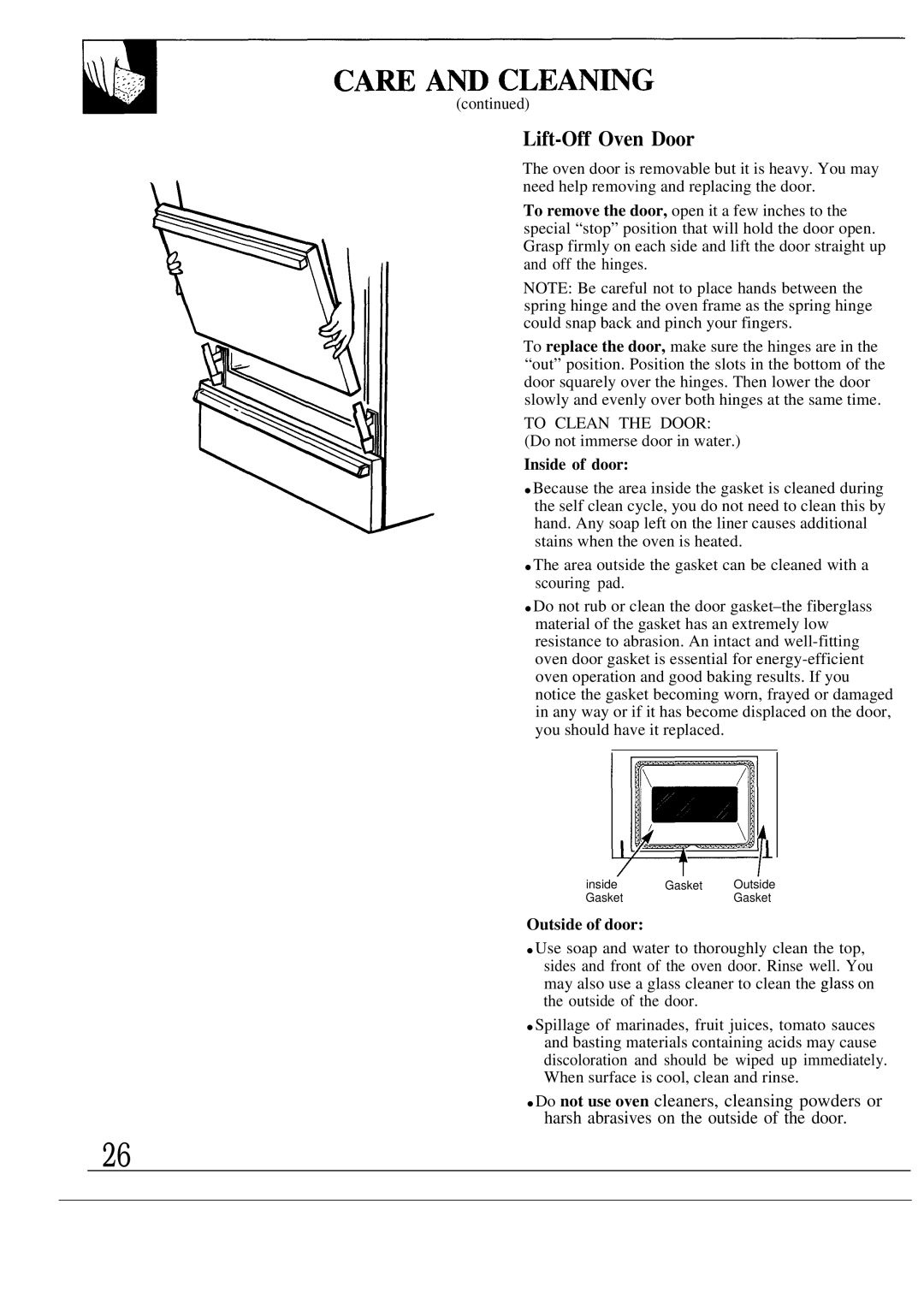 GE JGBP30GEP, JGBP33WES, JGBP29GES, JGBP25GEN, JGBP32AES CA~ Am CLEAN~G, Lift-Off Oven Door, Inside of door, Outside of door 