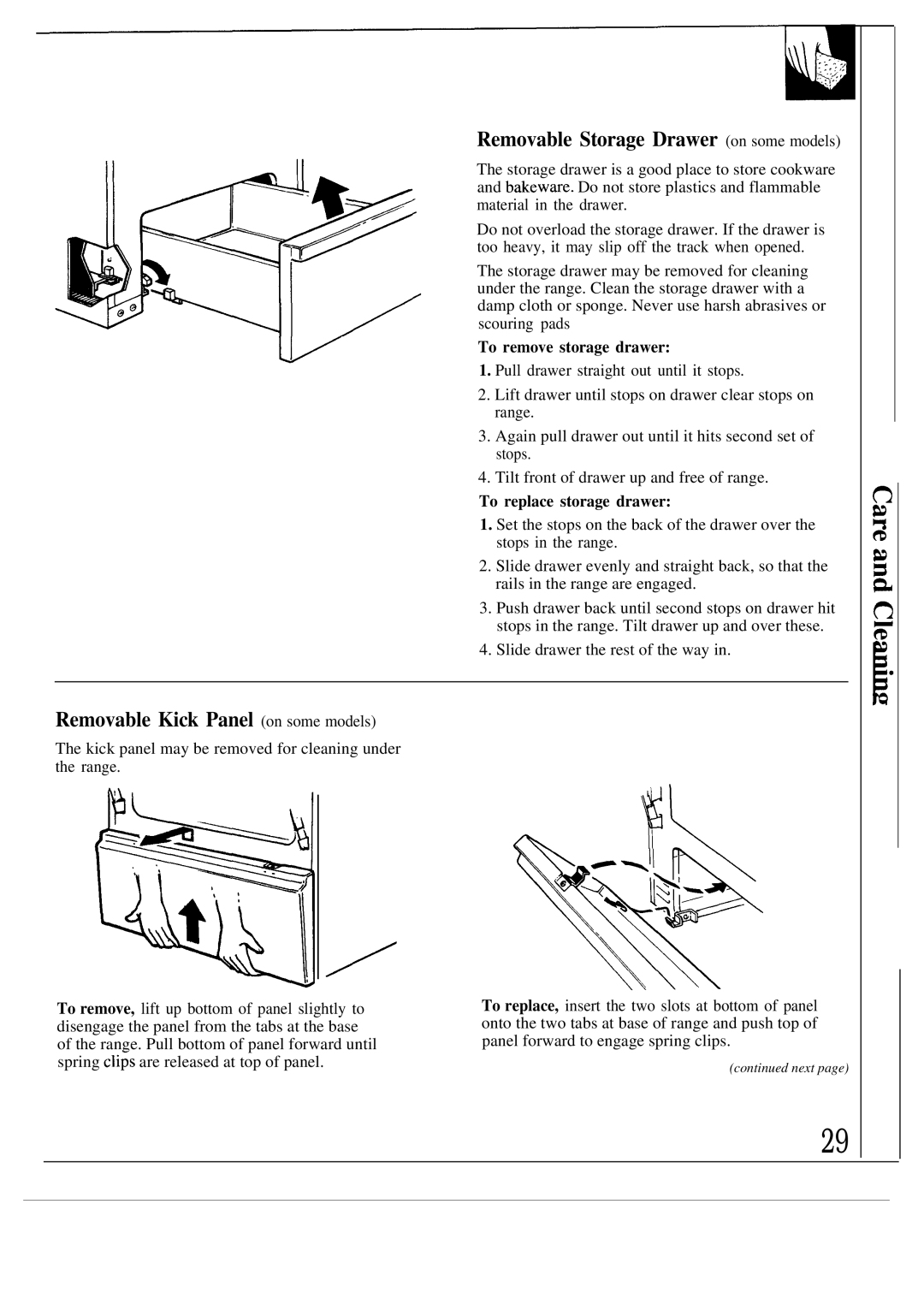 GE JGBP30AEP Removable Storage Drawer on some models, Removable Kick Panel on some models, To remove storage drawer 