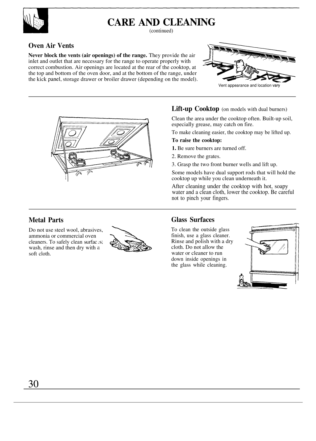 GE JGBP33WES, JGBP29GES, JGBP25GEN, JGBP32AES, JGBP33GES Oven Air Vents, Metal Parts, Glass Surfaces, To raise the cooktop 