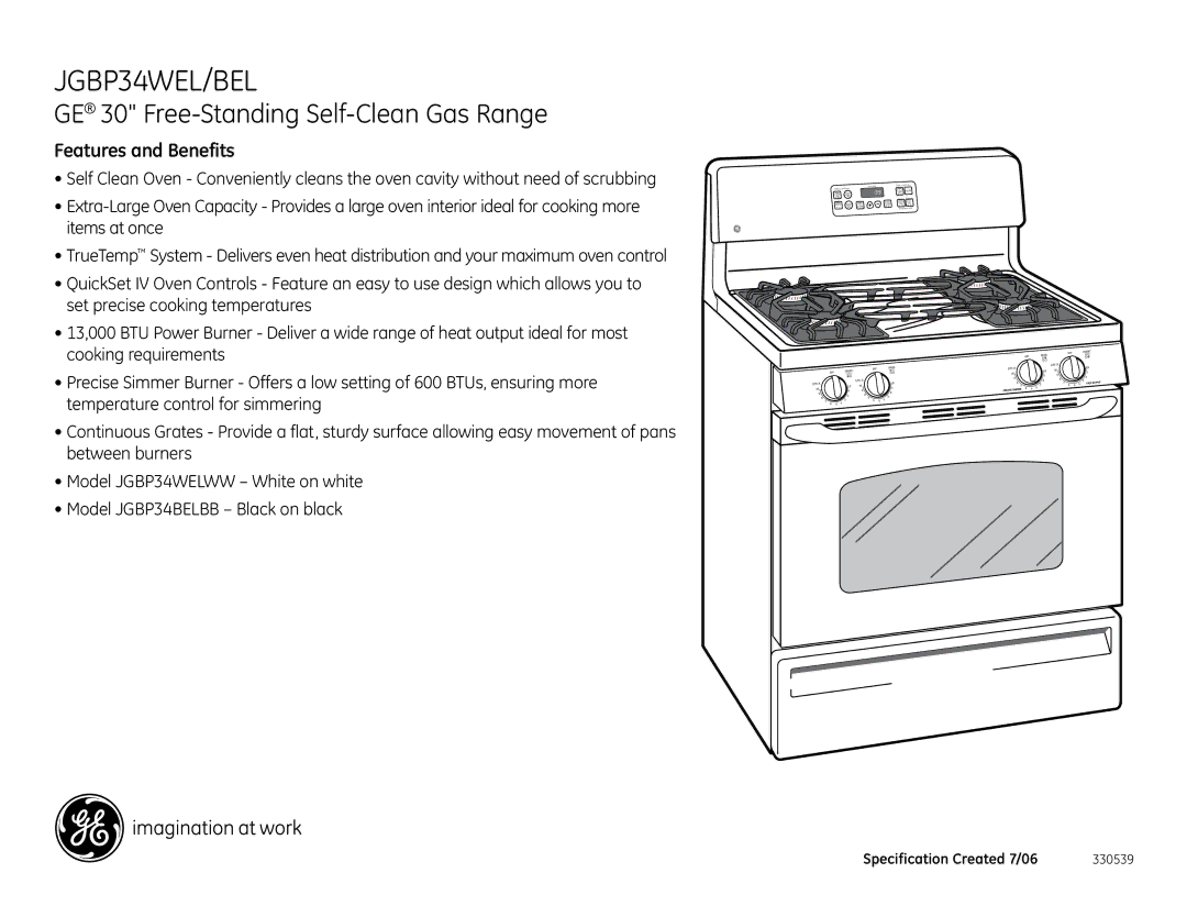 GE JGBP34WELWW, JGBP34BELBB dimensions Features and Benefits 