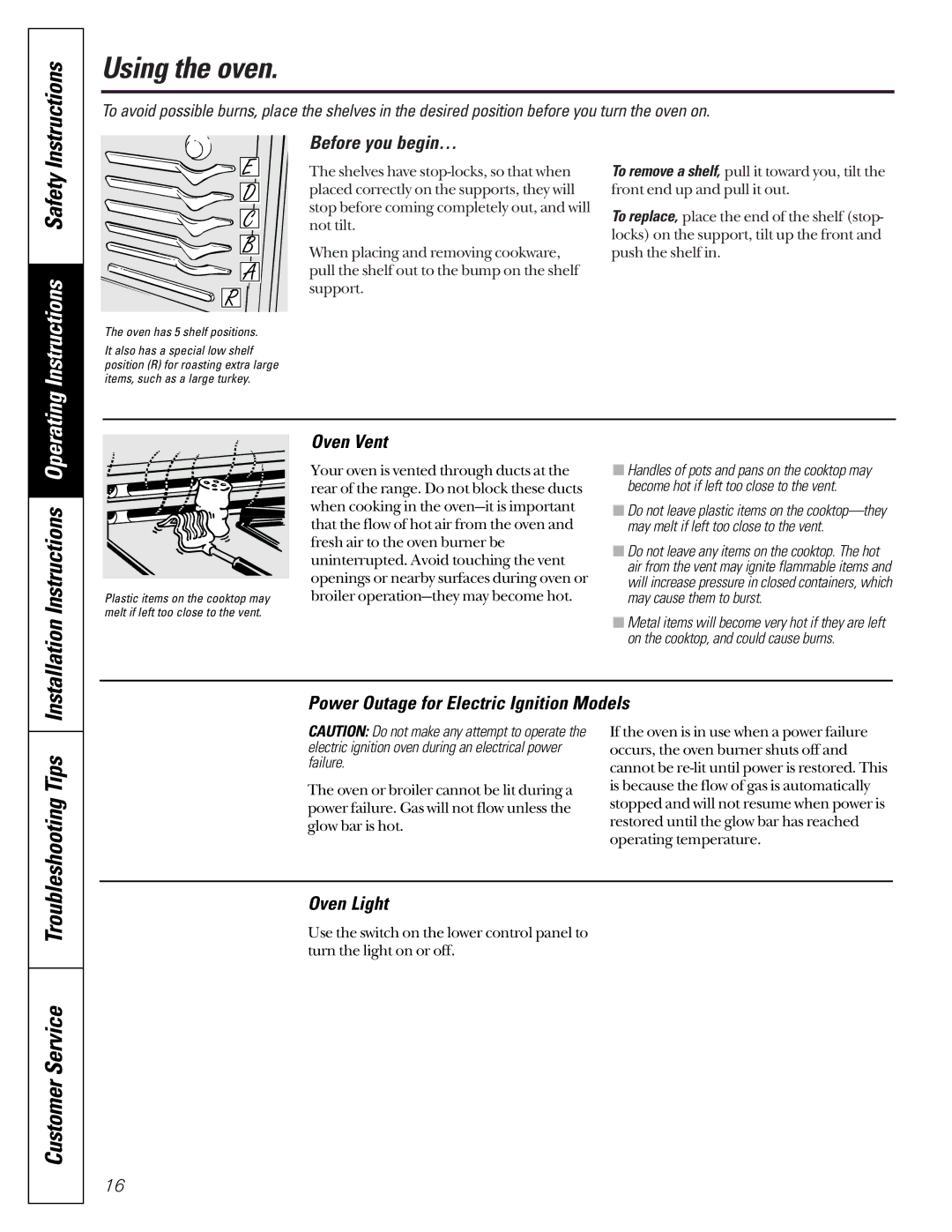 GE JGBP90, JGBP79 manual Using the oven, Before you begin…, Oven Vent, Power Outage for Electric Ignition Models, Oven Light 