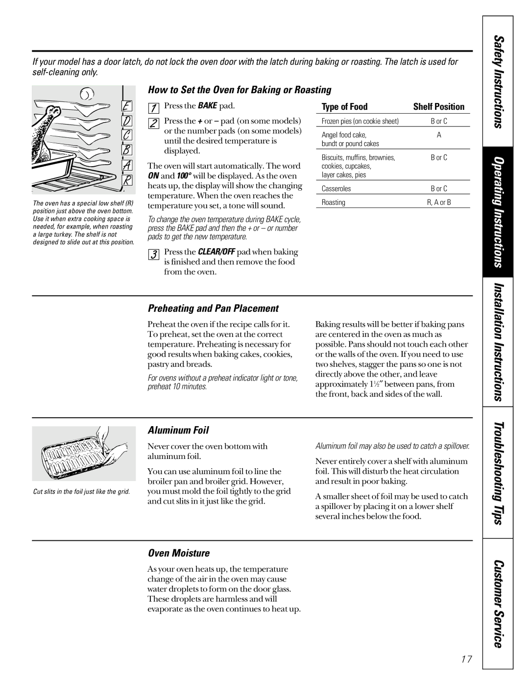 GE JGBP85, JGBP79 How to Set the Oven for Baking or Roasting, Preheating and Pan Placement, Aluminum Foil, Oven Moisture 