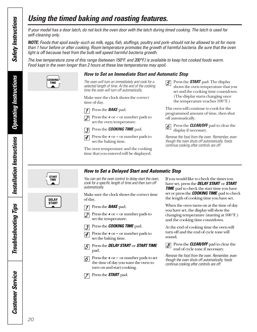 GE JGBP79 Using the timed baking and roasting features, Safety Instructions, How to Set a Delayed Start and Automatic Stop 