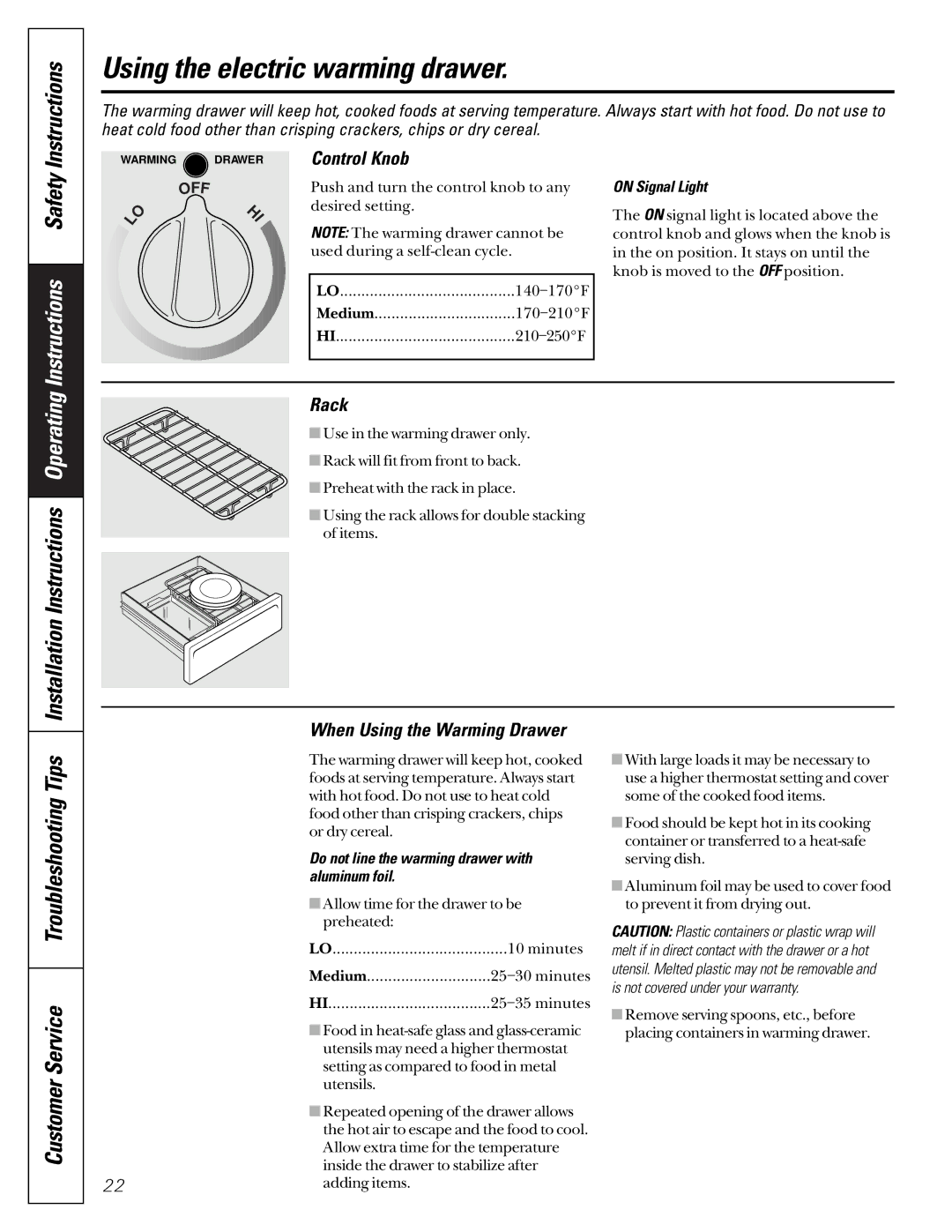 GE JGBP85, JGBP79, JGBP90, JGBP35 manual Using the electric warming drawer, Control Knob, Rack, When Using the Warming Drawer 