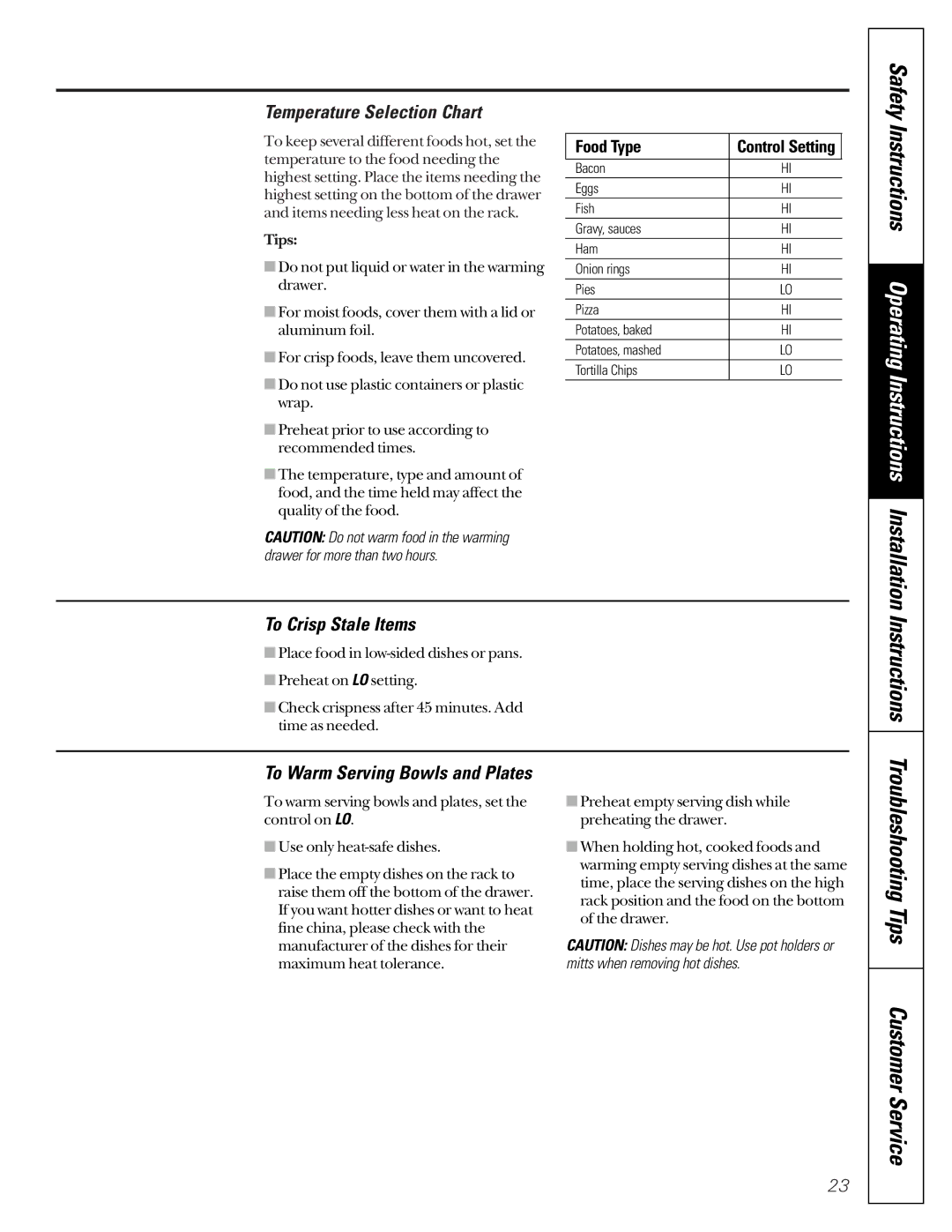 GE JGBP35, JGBP79, JGBP85, JGBP86, JGBP90 manual Temperature Selection Chart, To Crisp Stale Items 