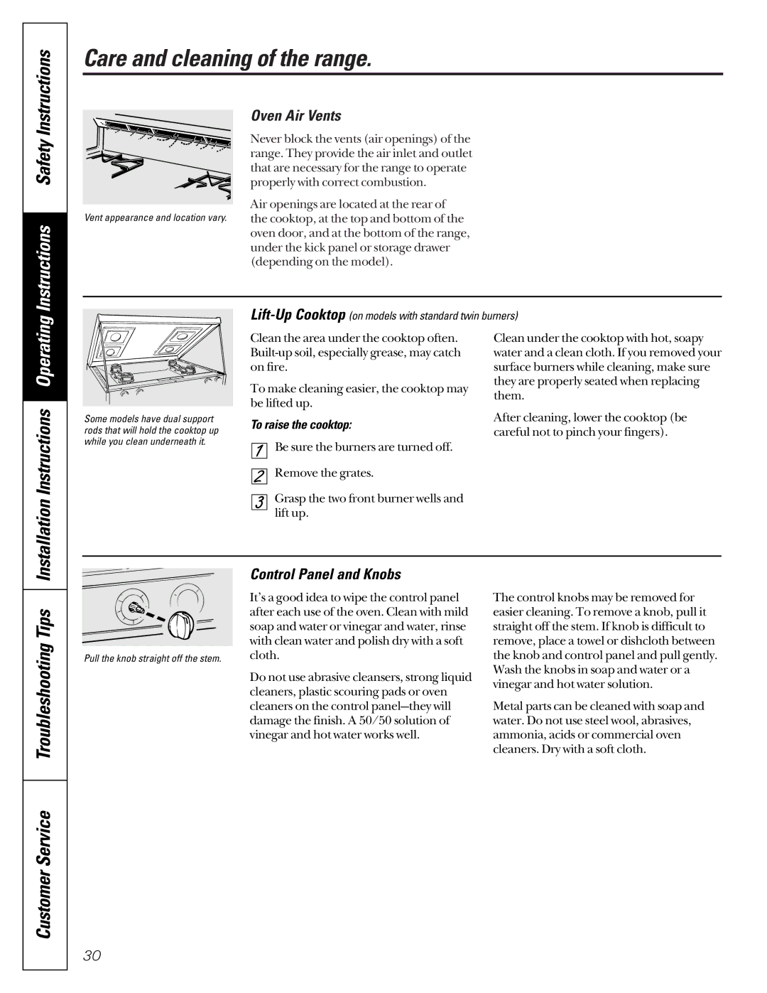 GE JGBP79, JGBP90 Troubleshooting Tips Customer Service, Oven Air Vents, Control Panel and Knobs, To raise the cooktop 