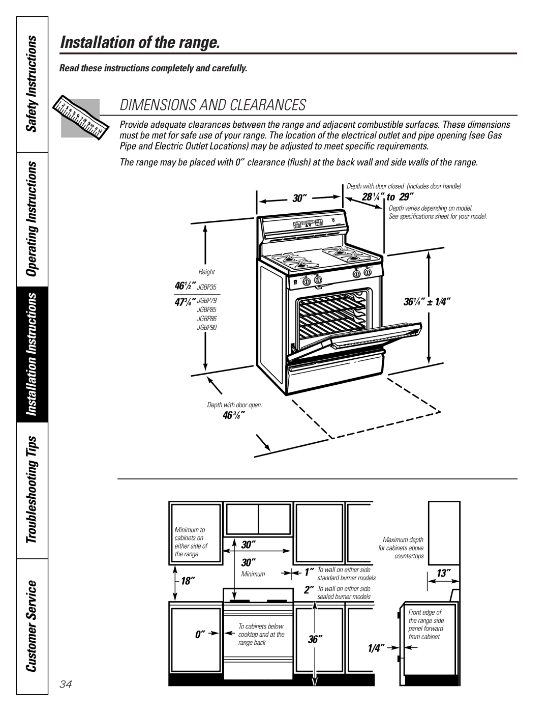 GE JGBP35, JGBP79, JGBP85, JGBP86, JGBP90 manual Service, Customer, 28 ⁄ to, 361⁄4 ± 1⁄4, 46 3⁄8 