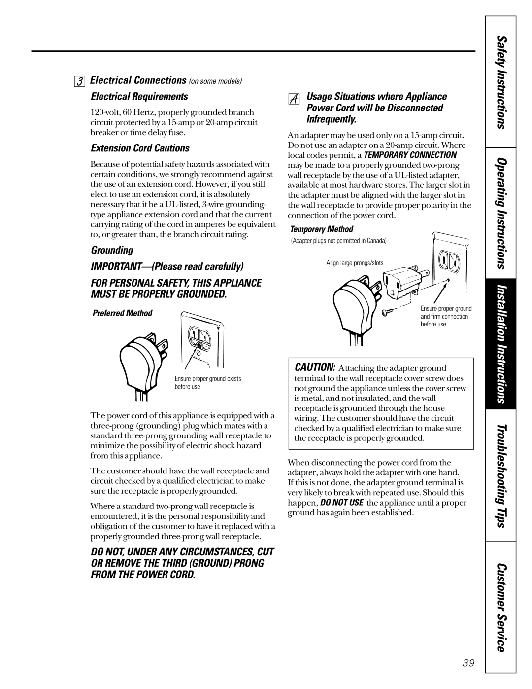 GE JGBP35, JGBP79, JGBP85, JGBP86, JGBP90 manual Extension Cord Cautions, Grounding IMPORTANT-Please read carefully 