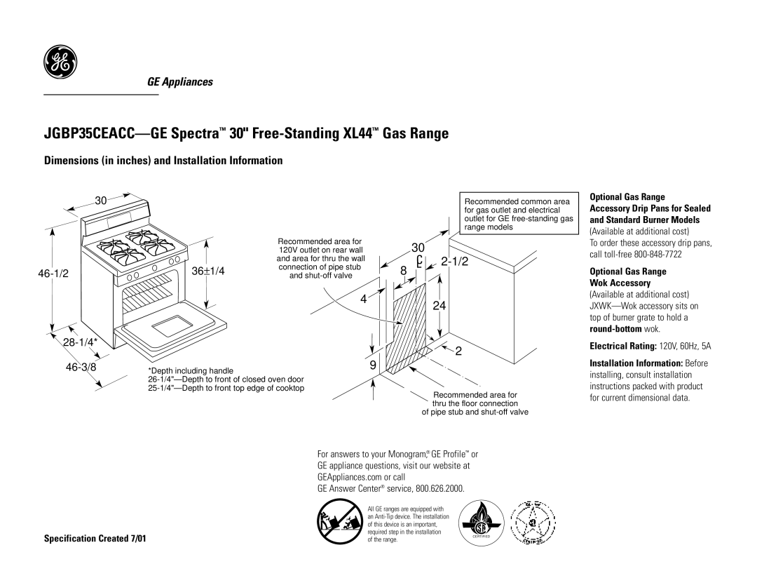 GE JGBP35CEACC dimensions 46-1/2 28-1/4, 46-3/8, Optional Gas Range, Electrical Rating 120V, 60Hz, 5A 