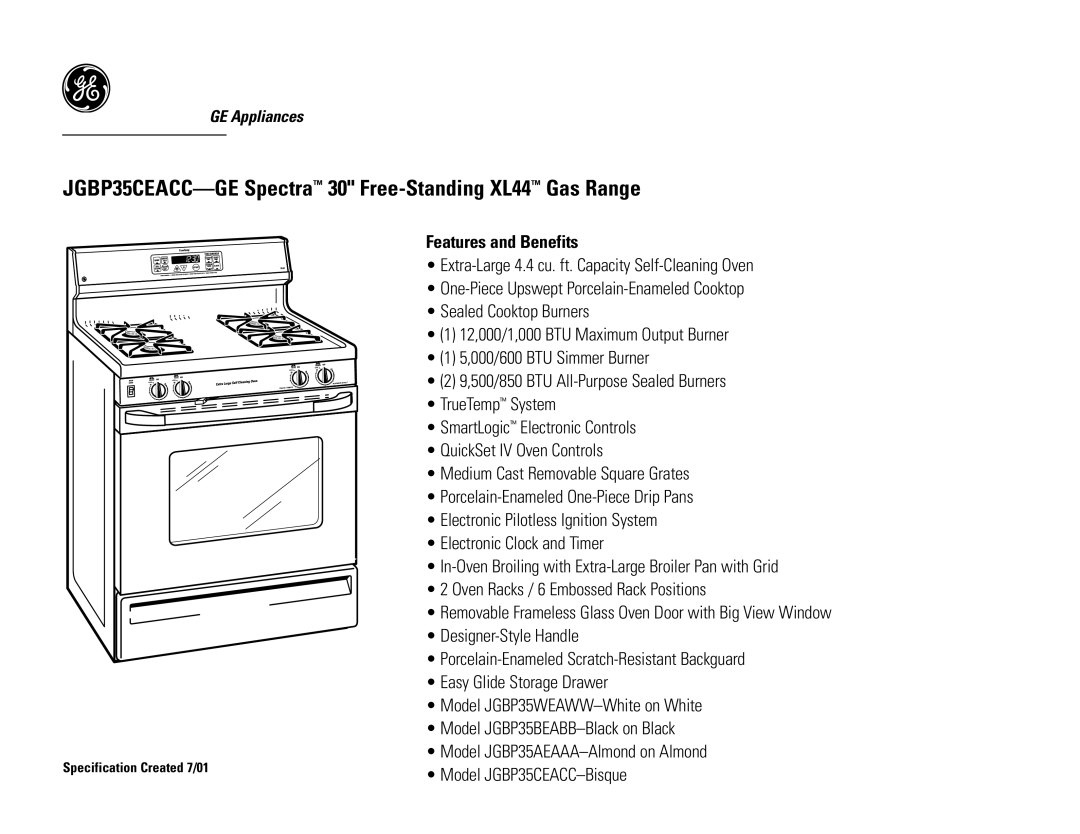 GE JGBP35CEACC dimensions Features and Benefits, Removable Frameless Glass Oven Door with Big View Window 