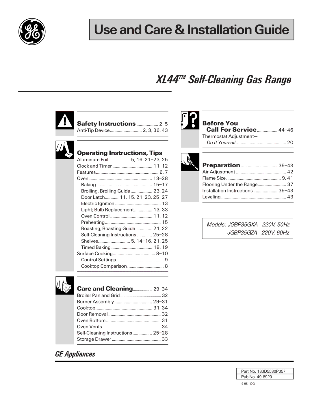 GE JGBP35GXA, JGBP35GZA installation instructions Use and Care & Installation Guide 