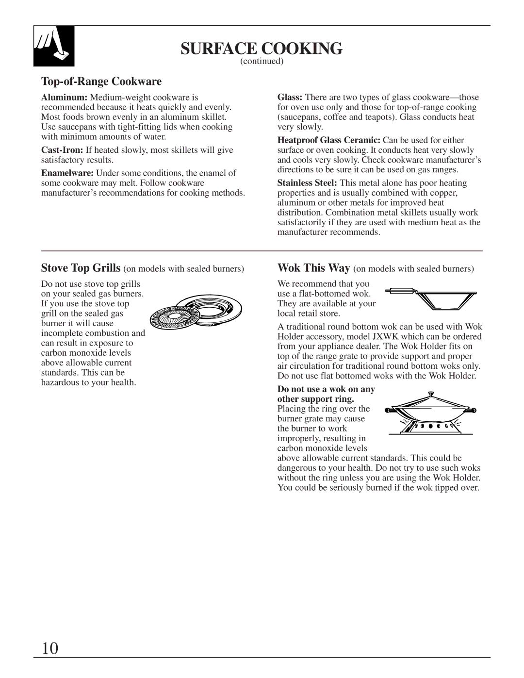 GE JGBP35GZA, JGBP35GXA installation instructions Top-of-Range Cookware, Do not use a wok on any other support ring 