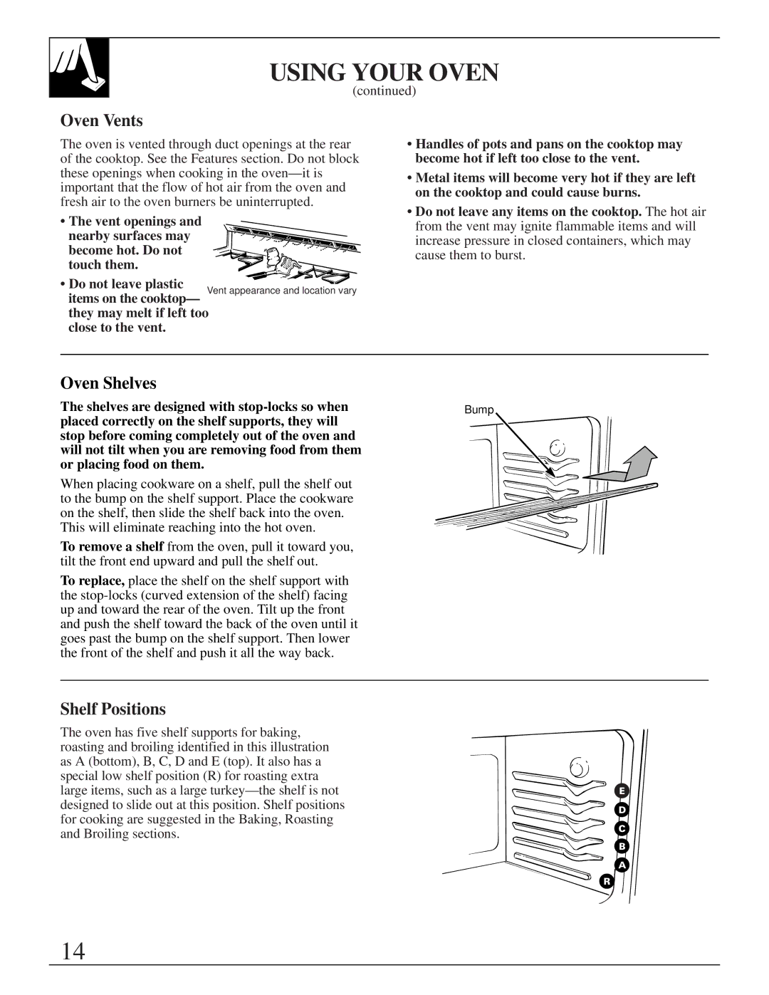 GE JGBP35GZA, JGBP35GXA Oven Vents, Oven Shelves, Shelf Positions, Shelves are designed with stop-locks so when 