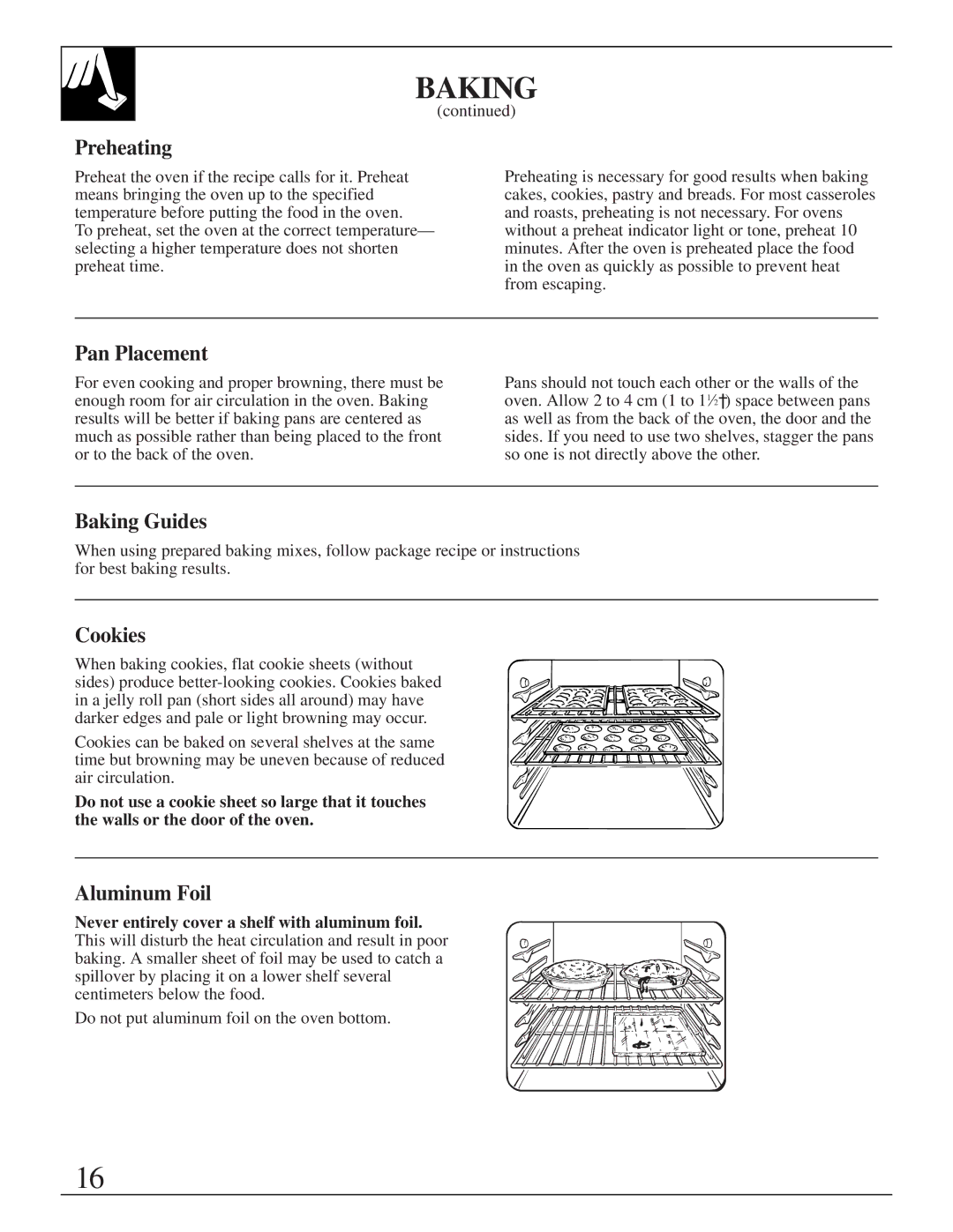 GE JGBP35GZA, JGBP35GXA installation instructions Preheating, Pan Placement, Baking Guides, Cookies, Aluminum Foil 