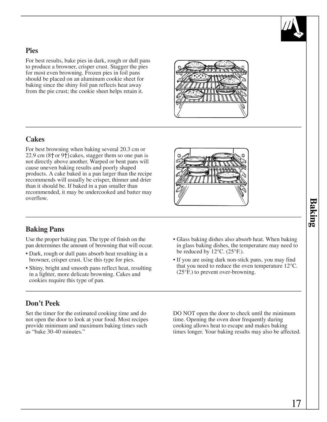 GE JGBP35GXA, JGBP35GZA installation instructions Pies, Cakes, Baking Pans, Don’t Peek 