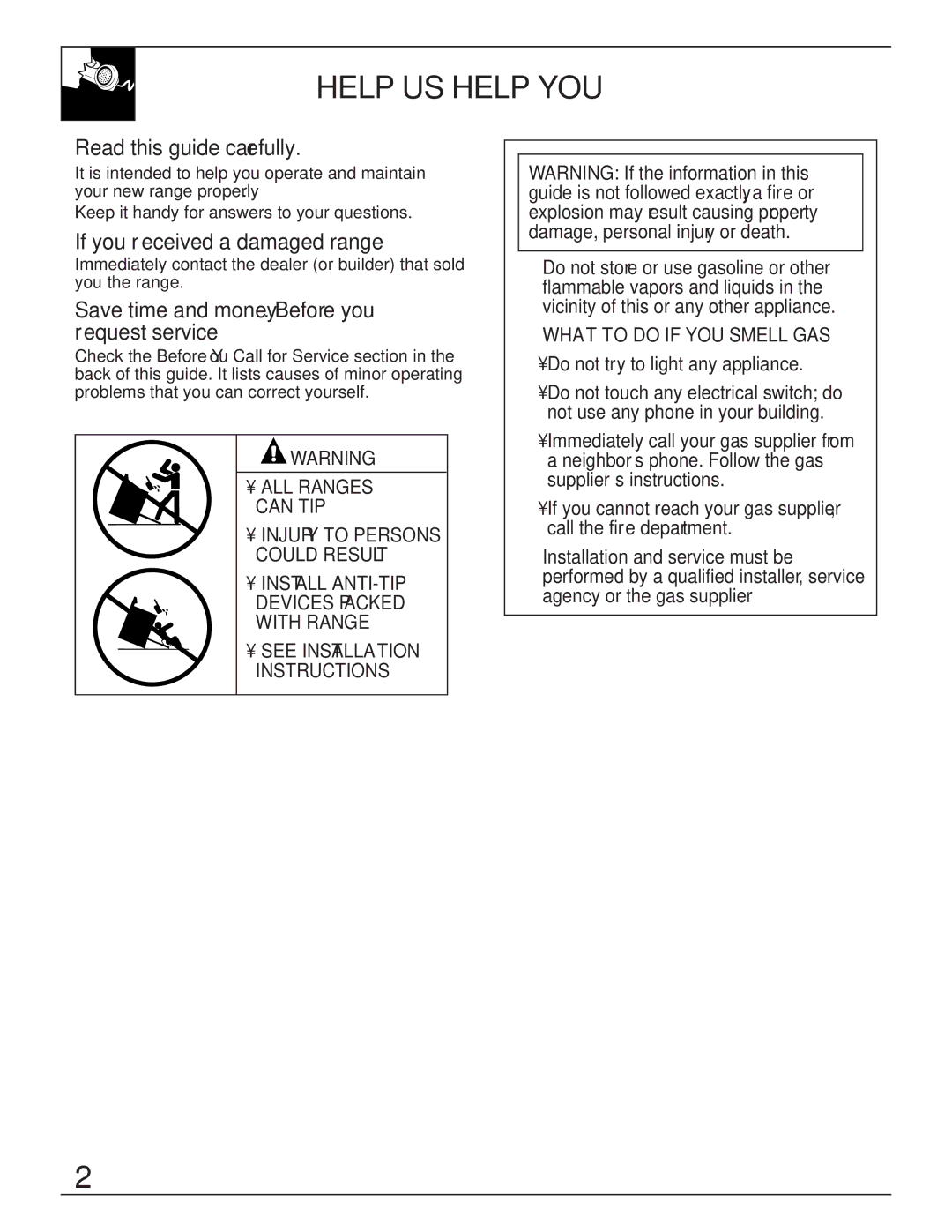 GE JGBP35GZA, JGBP35GXA Help US Help YOU…, Read this guide carefully, If you received a damaged range… 