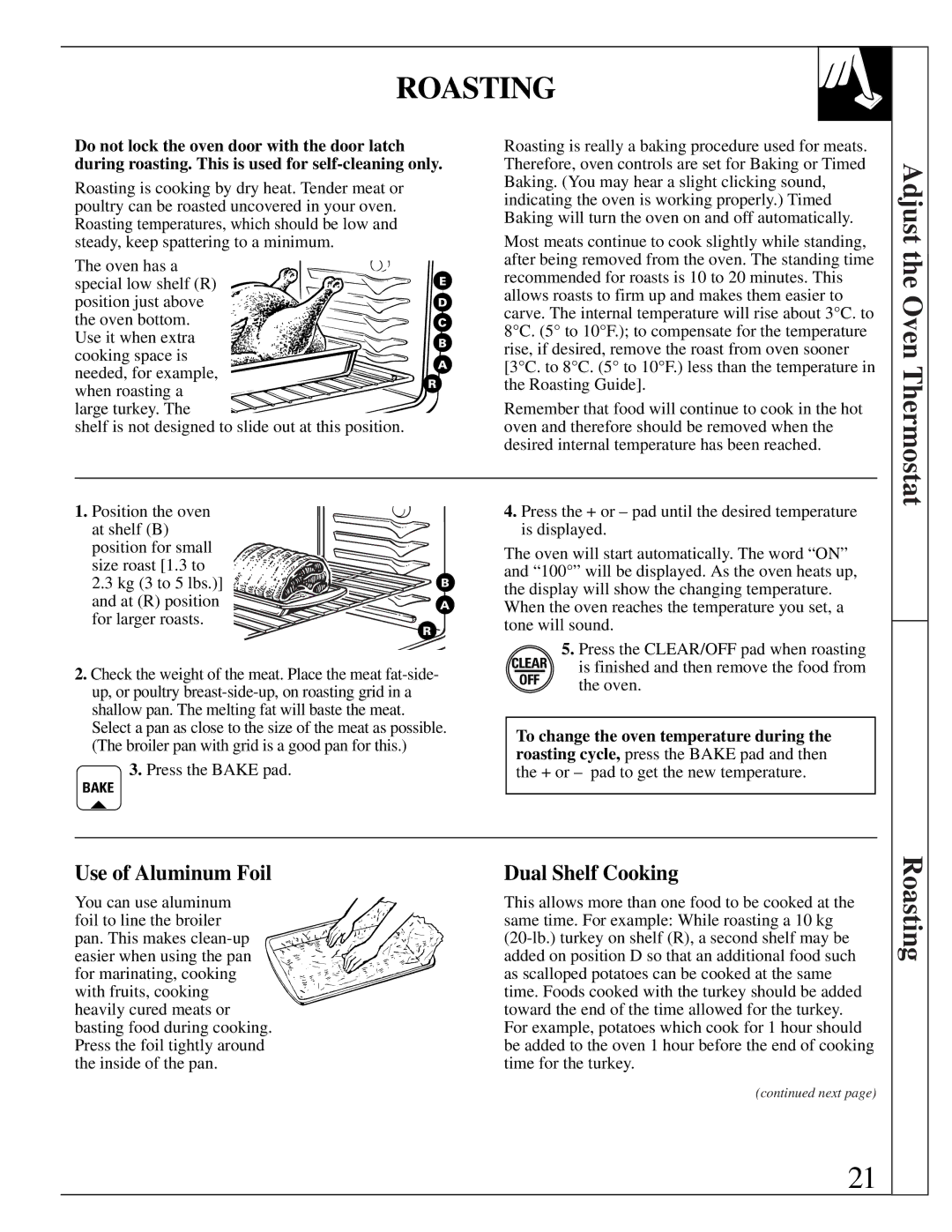 GE JGBP35GXA, JGBP35GZA Roasting, Adjust the Oven Thermostat, Use of Aluminum Foil, Dual Shelf Cooking 