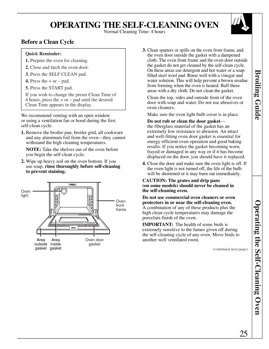 GE JGBP35GXA Operating the SELF-CLEANING Oven, Broiling Guide Operating the Self-Cleaning Oven, Before a Clean Cycle 