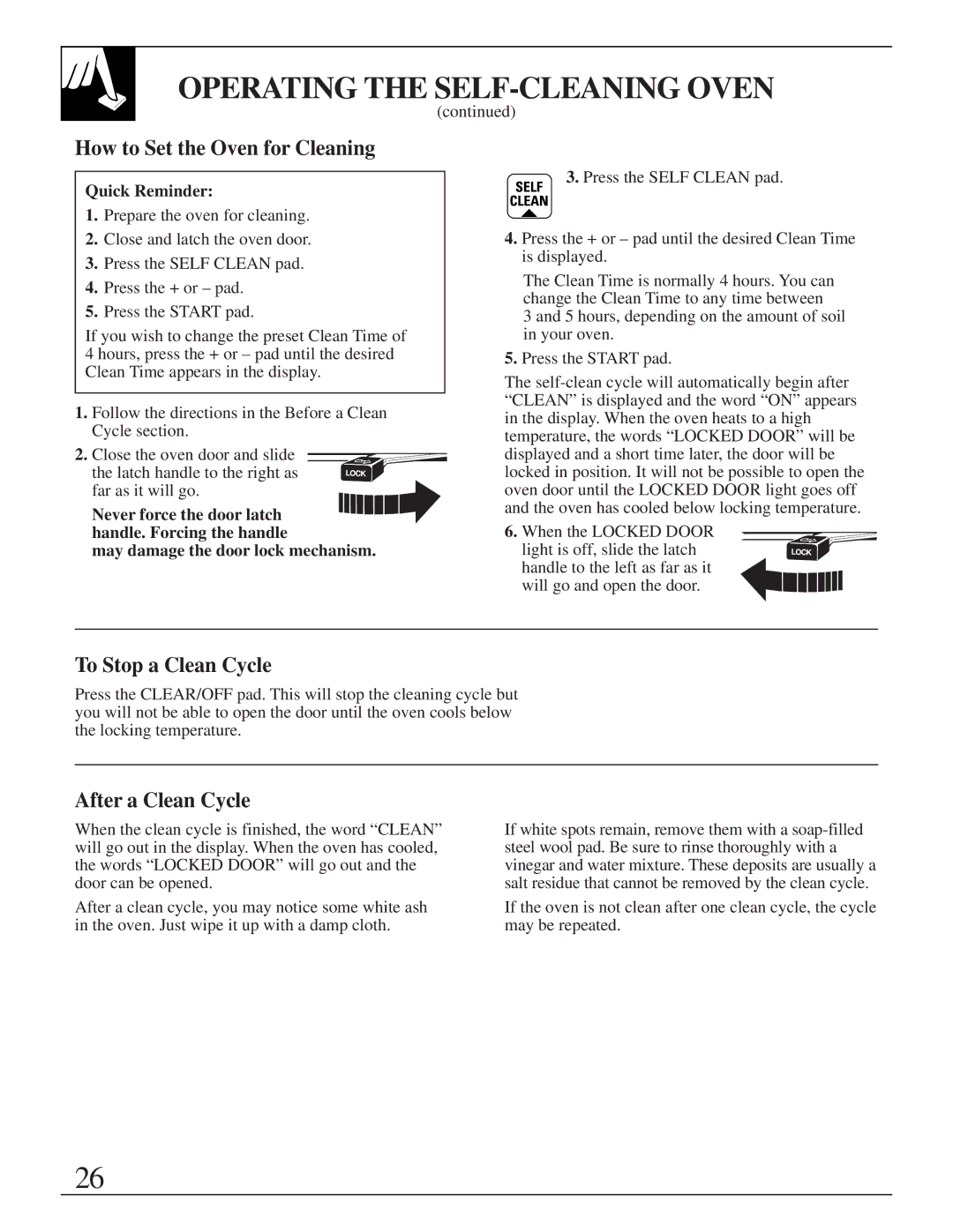 GE JGBP35GZA, JGBP35GXA How to Set the Oven for Cleaning, To Stop a Clean Cycle, After a Clean Cycle 