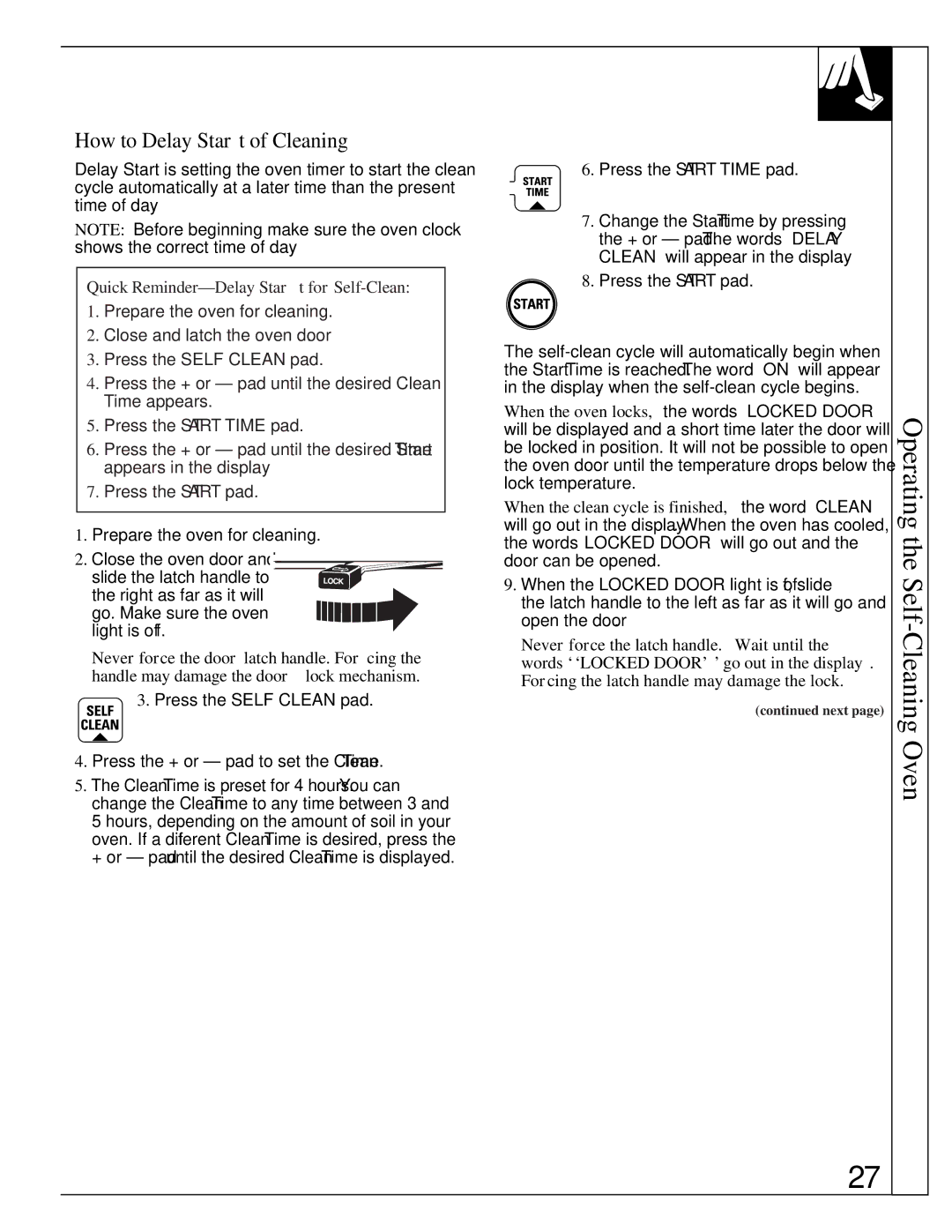 GE JGBP35GXA, JGBP35GZA installation instructions How to Delay Start of Cleaning, Quick Reminder-Delay Start for Self-Clean 