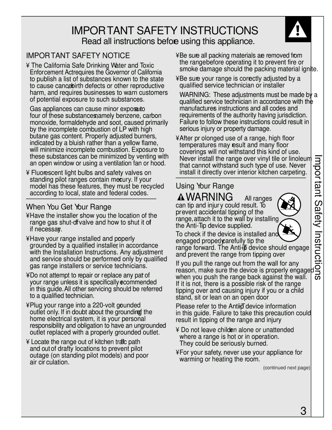 GE JGBP35GXA, JGBP35GZA installation instructions Important Safety Instructions, When You Get Your Range, Using Your Range 