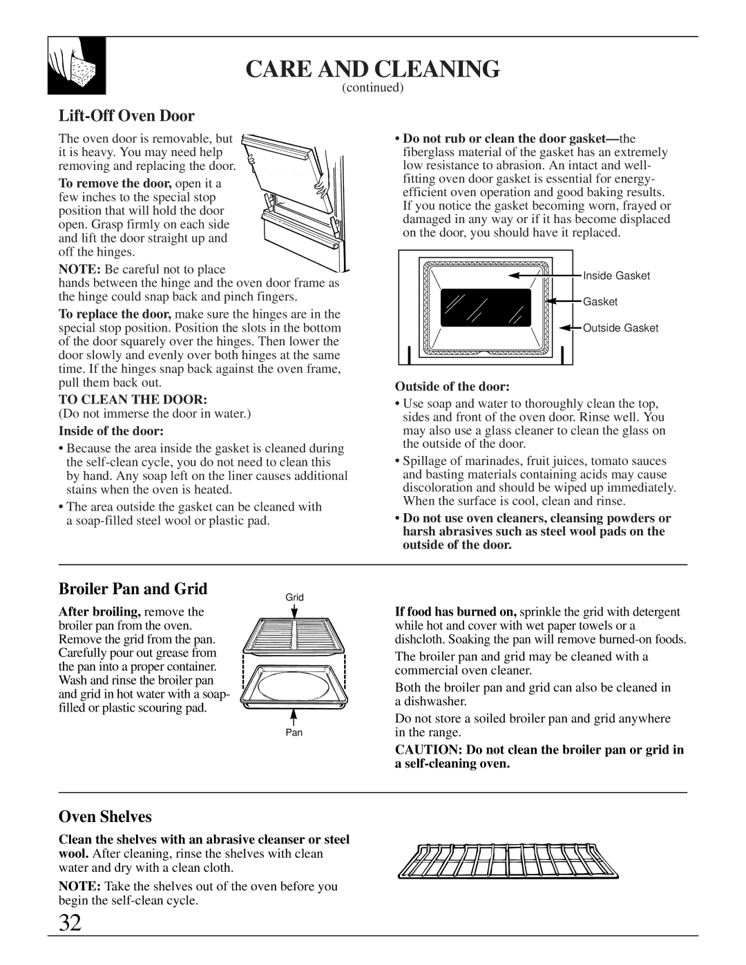 GE JGBP35GZA, JGBP35GXA Lift-Off Oven Door, Broiler Pan and Grid, To remove the door, open it a, Outside of the door 