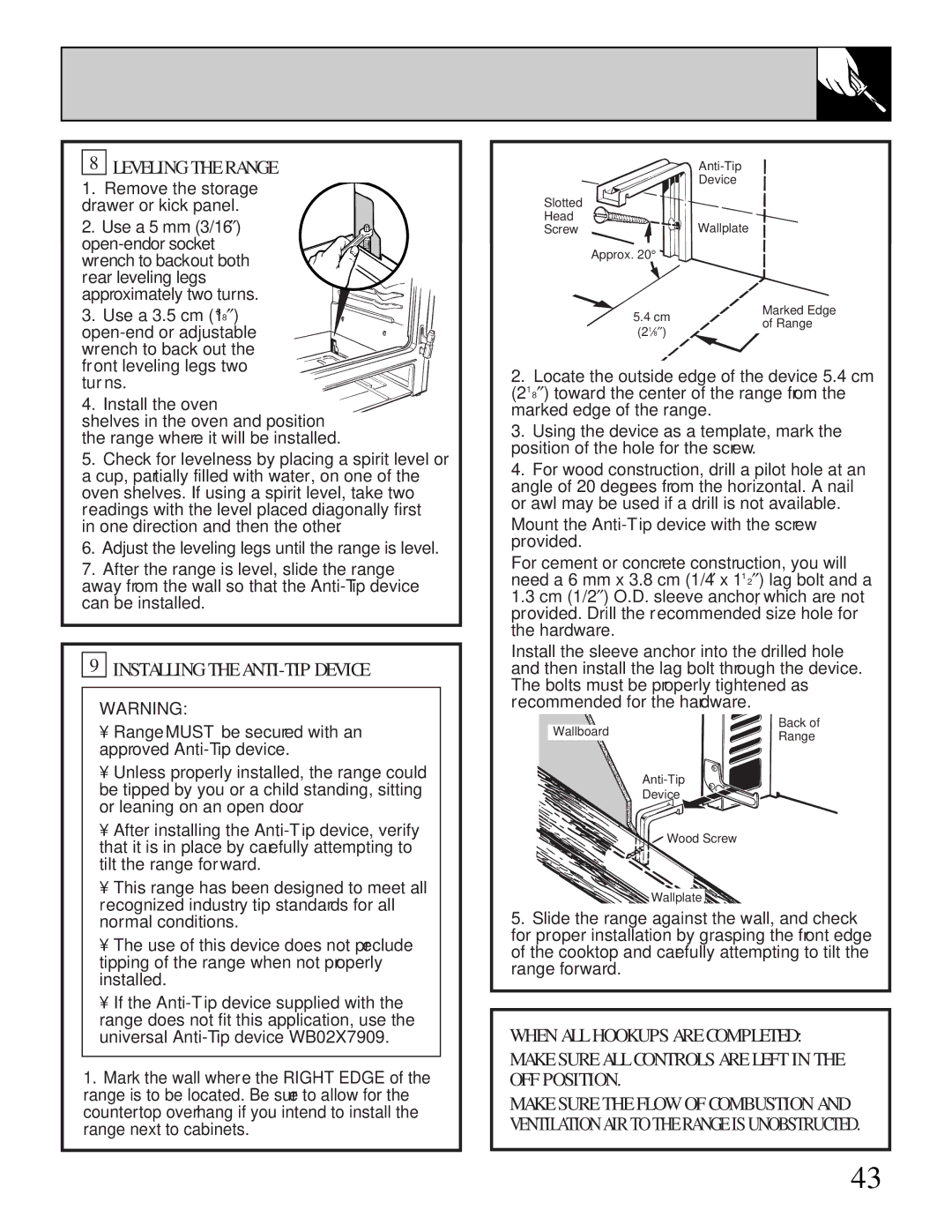 GE JGBP35GXA, JGBP35GZA installation instructions Leveling the Range 