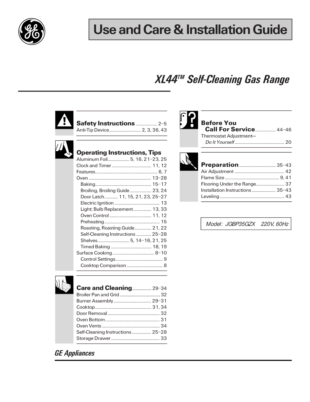 GE JGBP35GZX manual Use and Care & Installation Guide 